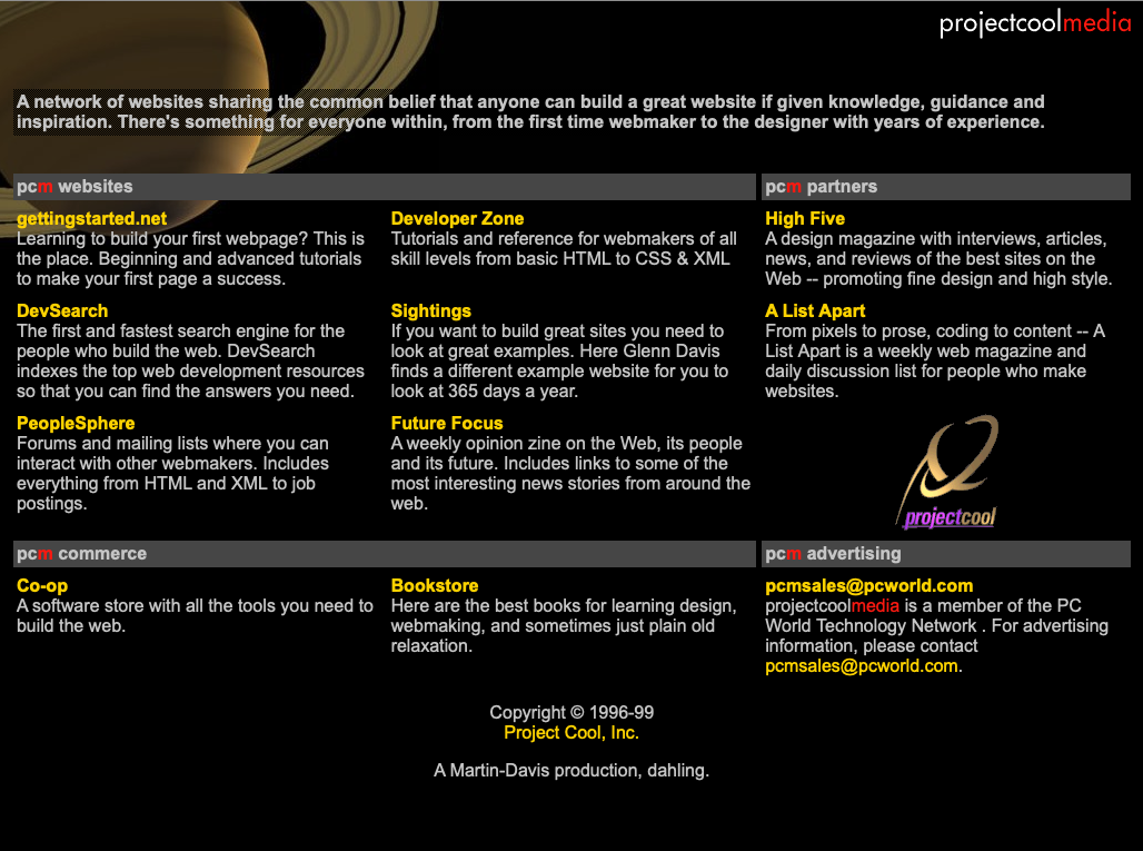 Project Cool homepage, projectcoolmedia era, © 1996-99